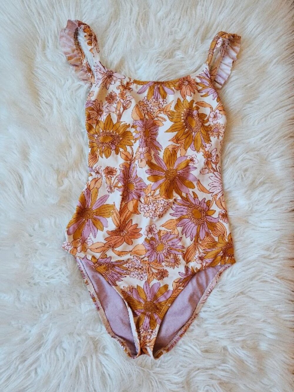 Kona sol groovy floral flower pink orange one piece swimsuit ruffle hippie Small